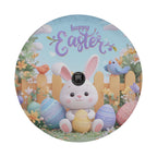 A round, colorful Easter-themed cover with a cartoon bunny holding Easter eggs, surrounded by flowers and birds. The text "Happy Easter" is written above the bunny.