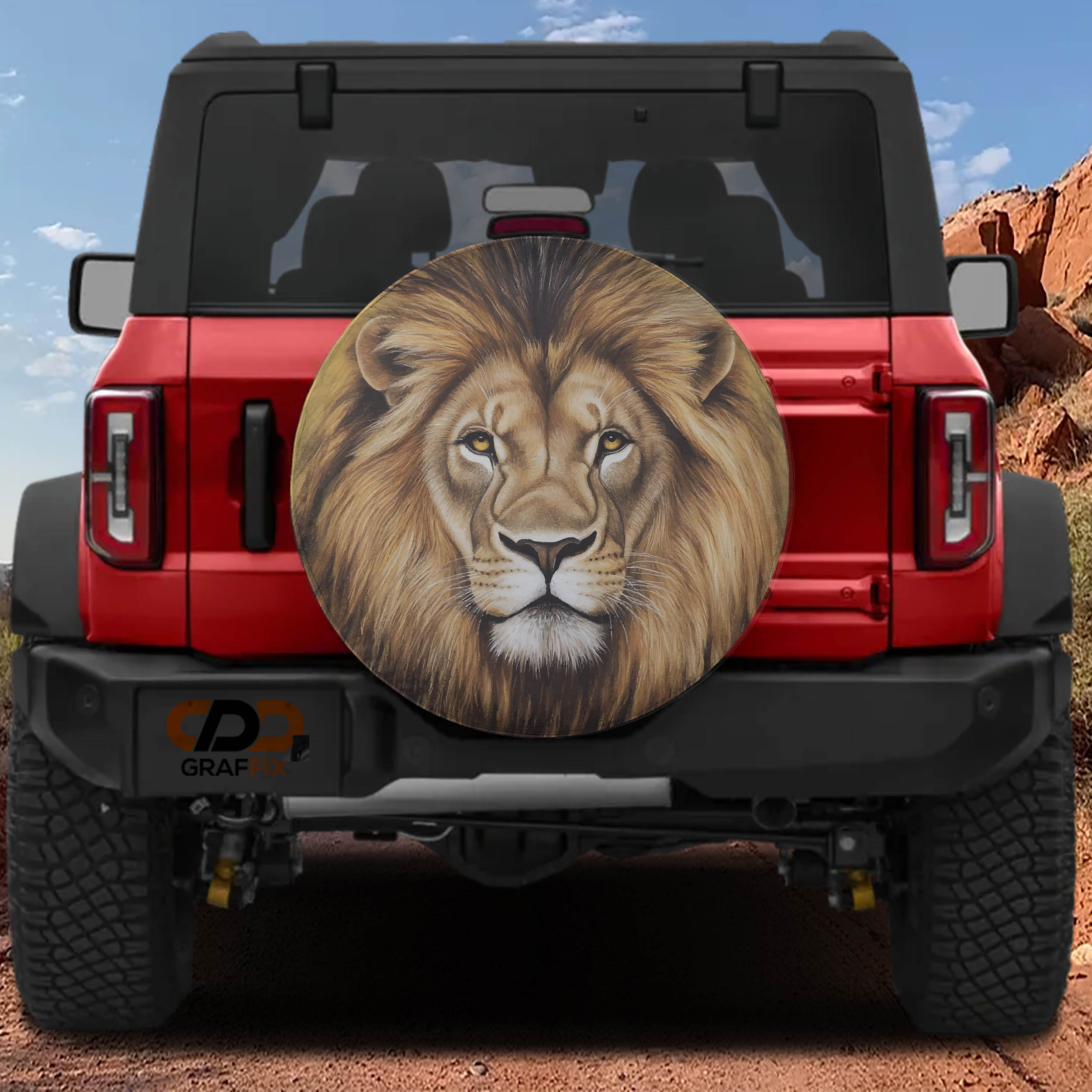 Lion of Judah spare tire cover realistic painted lion portrait with golden mane on neutral background