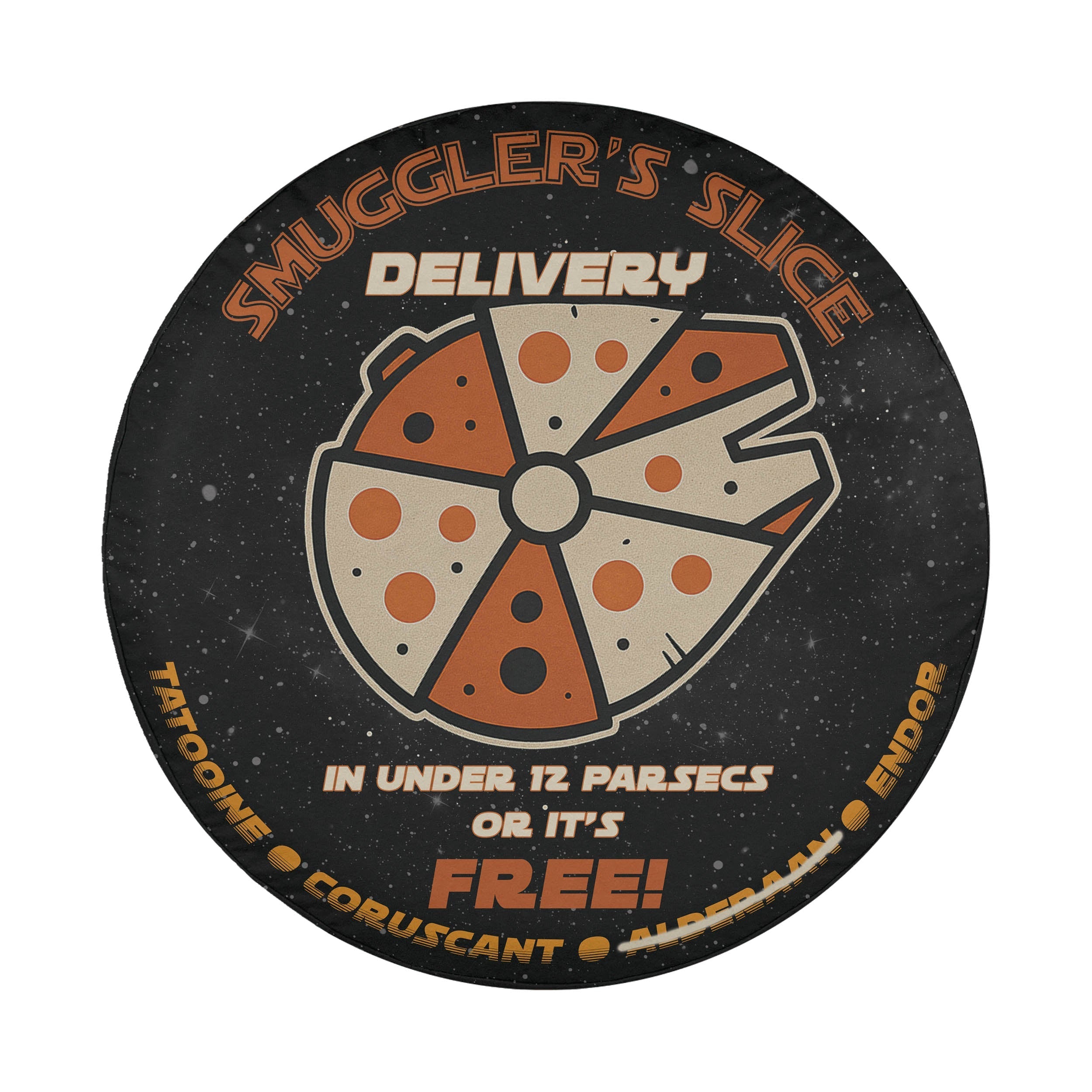 a circular design with a stylized depiction of a pizza slice and the text "SMUGGLER'S SLICE DELIVERY" prominently displayed.