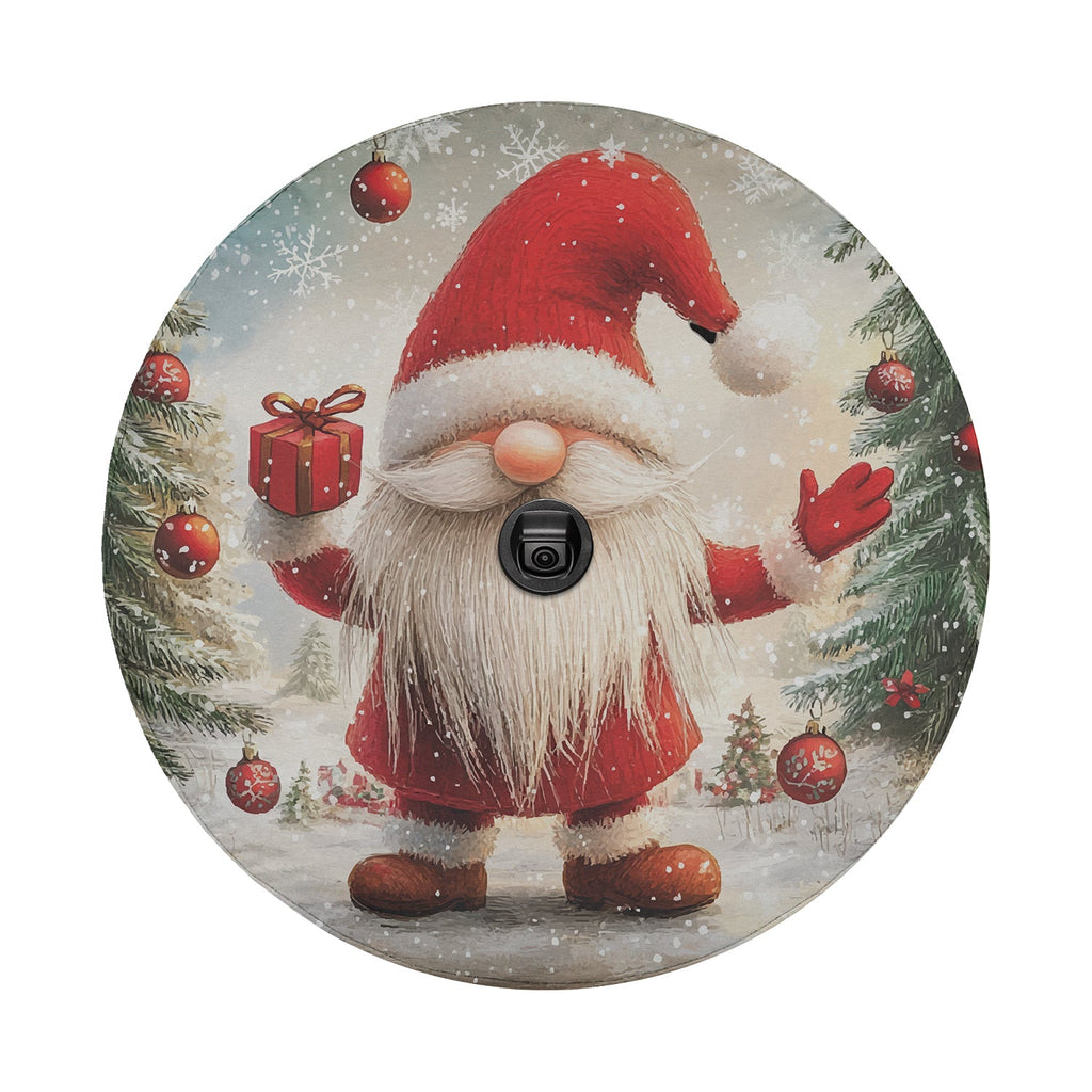 Christmas Gift Giving Gnome spare tire cover round artwork detail red hat white beard with red ornament