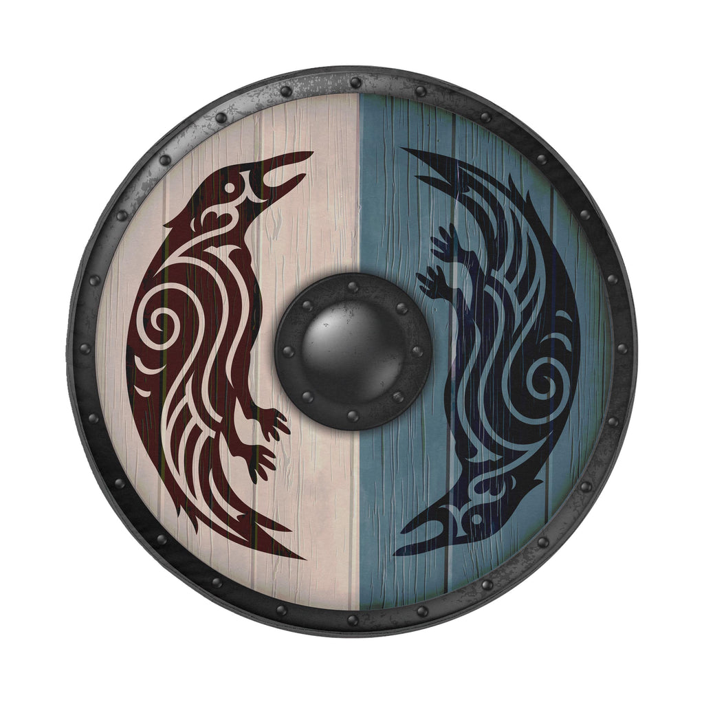 A medieval-style shield with a black and white design, featuring a bird-like creature on each side.