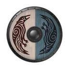 A medieval-style shield with a black and white design, featuring a bird-like creature on each side.