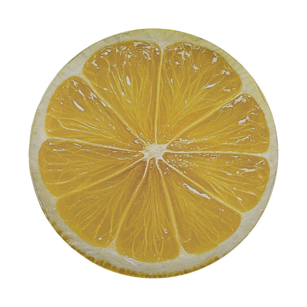 Lemon fruit spare tire cover with yellow citrus slice graphic and juicy sliced lemon design