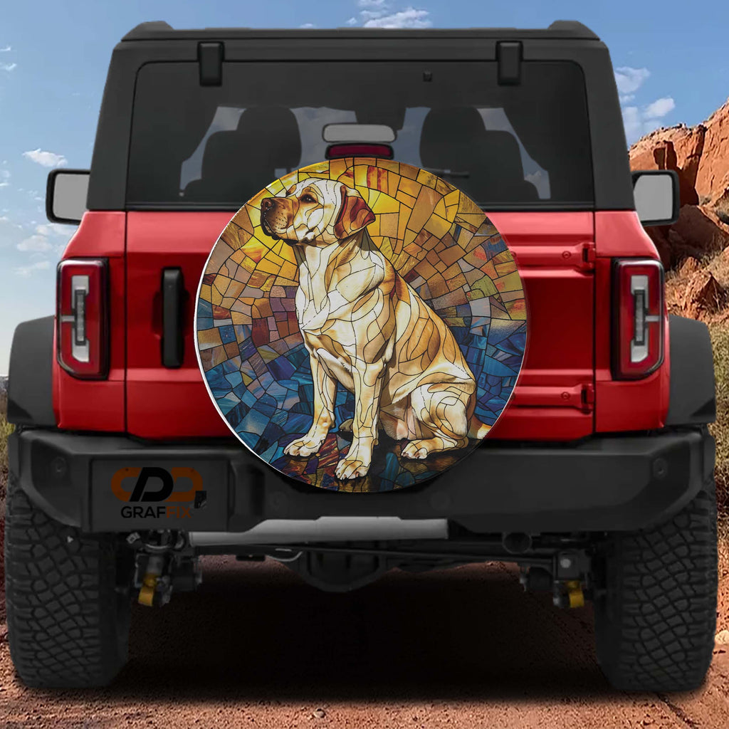 Mosaic golden Labrador stained glass spare tire cover on red Ford Bronco with sitting yellow lab dog