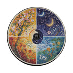 Seasons Change spare tire cover flat view with watercolor blossom tree winter night sun and moon panels