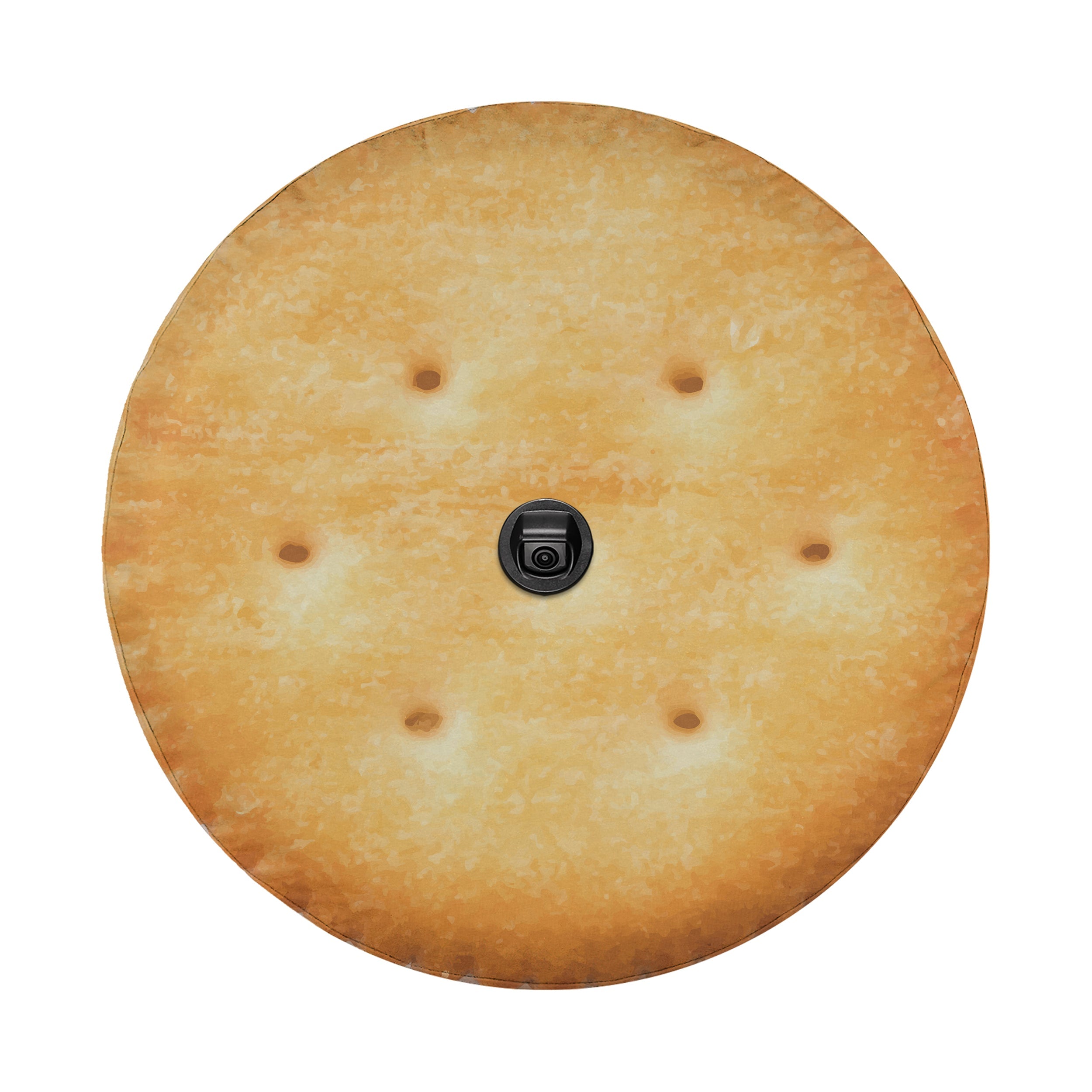 Buttery round cracker stack spare tire cover fabric and grommet closeup detail