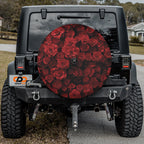 Wheel of Roses spare tire cover rear angle showing dramatic red rose bloom cluster pattern