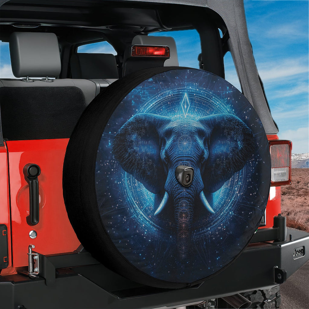 Cosmic blue elephant constellation tire cover installed on red Jeep Wrangler with center camera cutout