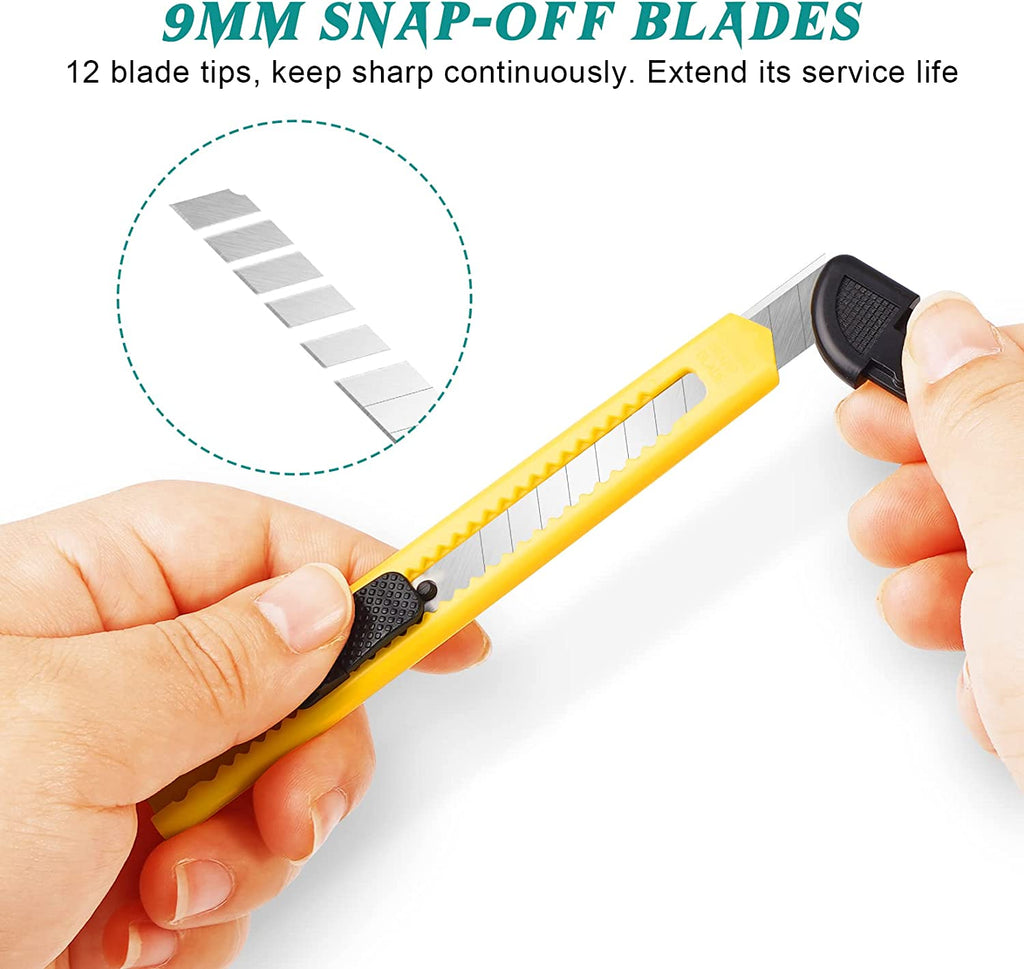 Yellow snap-off blade utility knife held in hand showing 9mm snap-off blade segments and safety release