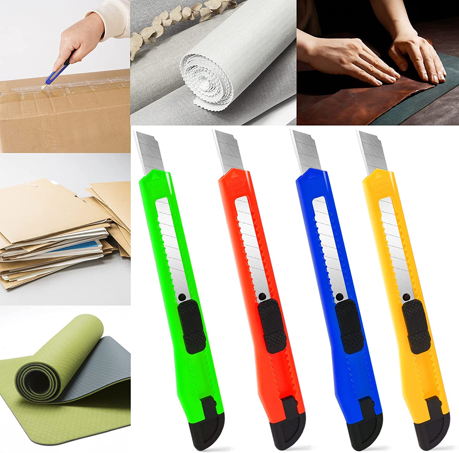 Green red blue and yellow snap-off blade utility knives with cardboard fabric and leather use case photos