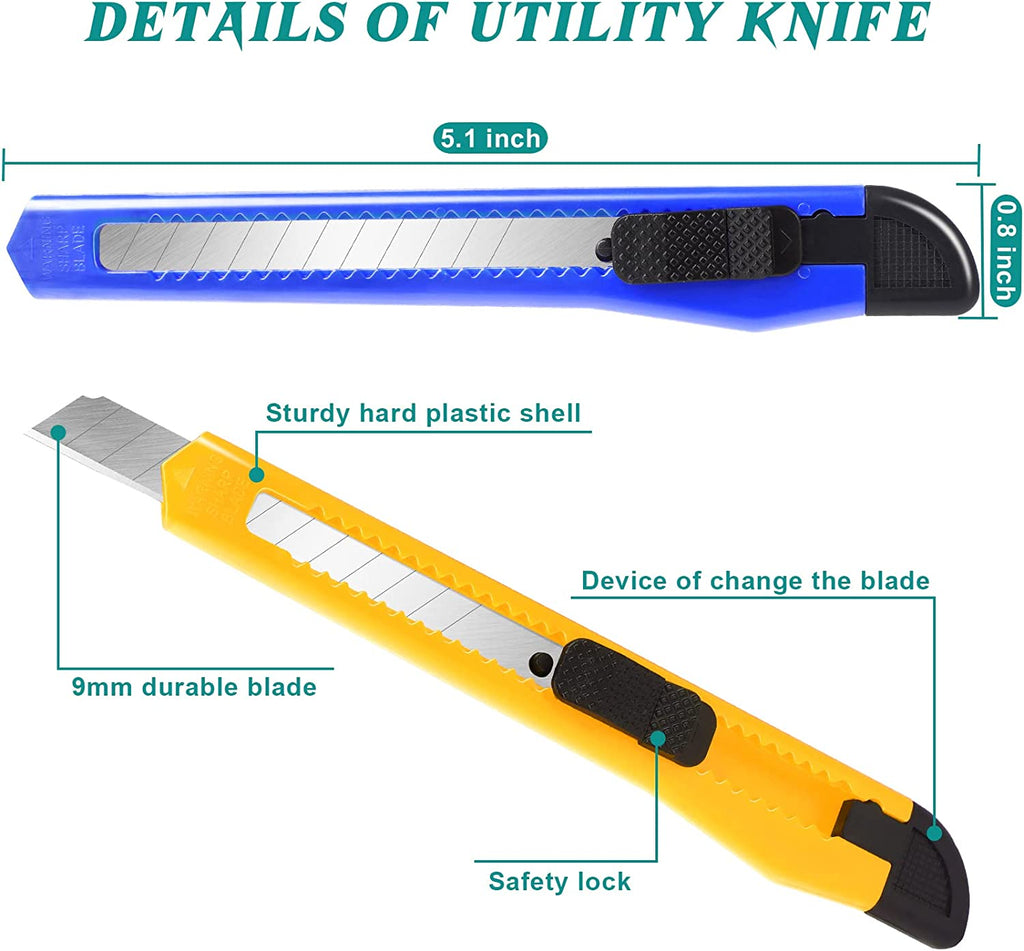 Utility knife details infographic noting 5.1 inch length 0.8 inch width 9mm blade and safety lock features