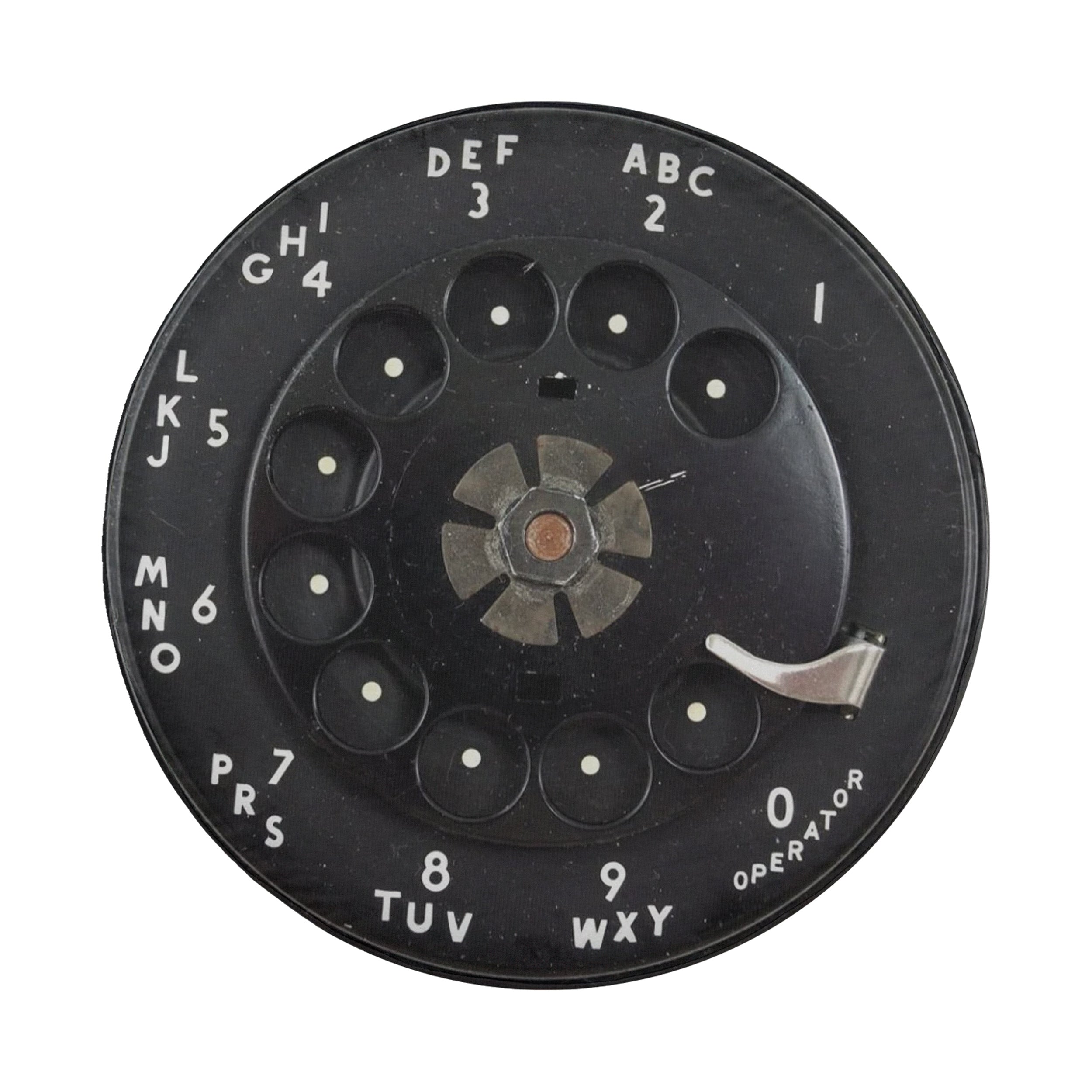 Vintage rotary phone dial spare tire cover flat product view with white letters and numbers