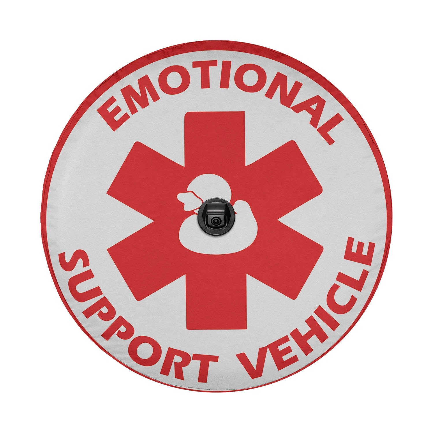 Emotional Support Vehicle rubber ducky red medical star spare tire cover flat front view with text ring