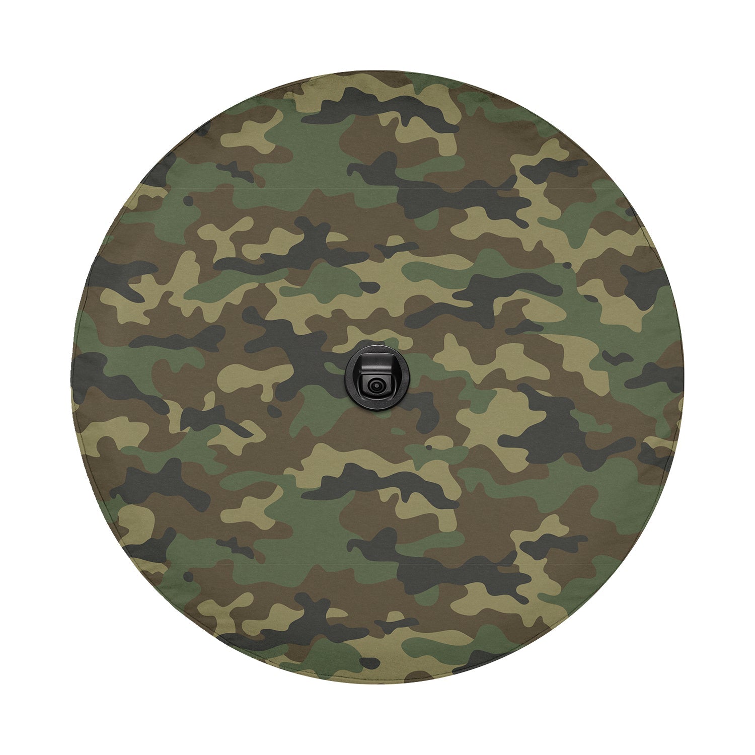 Woodland camouflage tire cover on red Jeep Wrangler with hunting army-style green and tan camo concealment