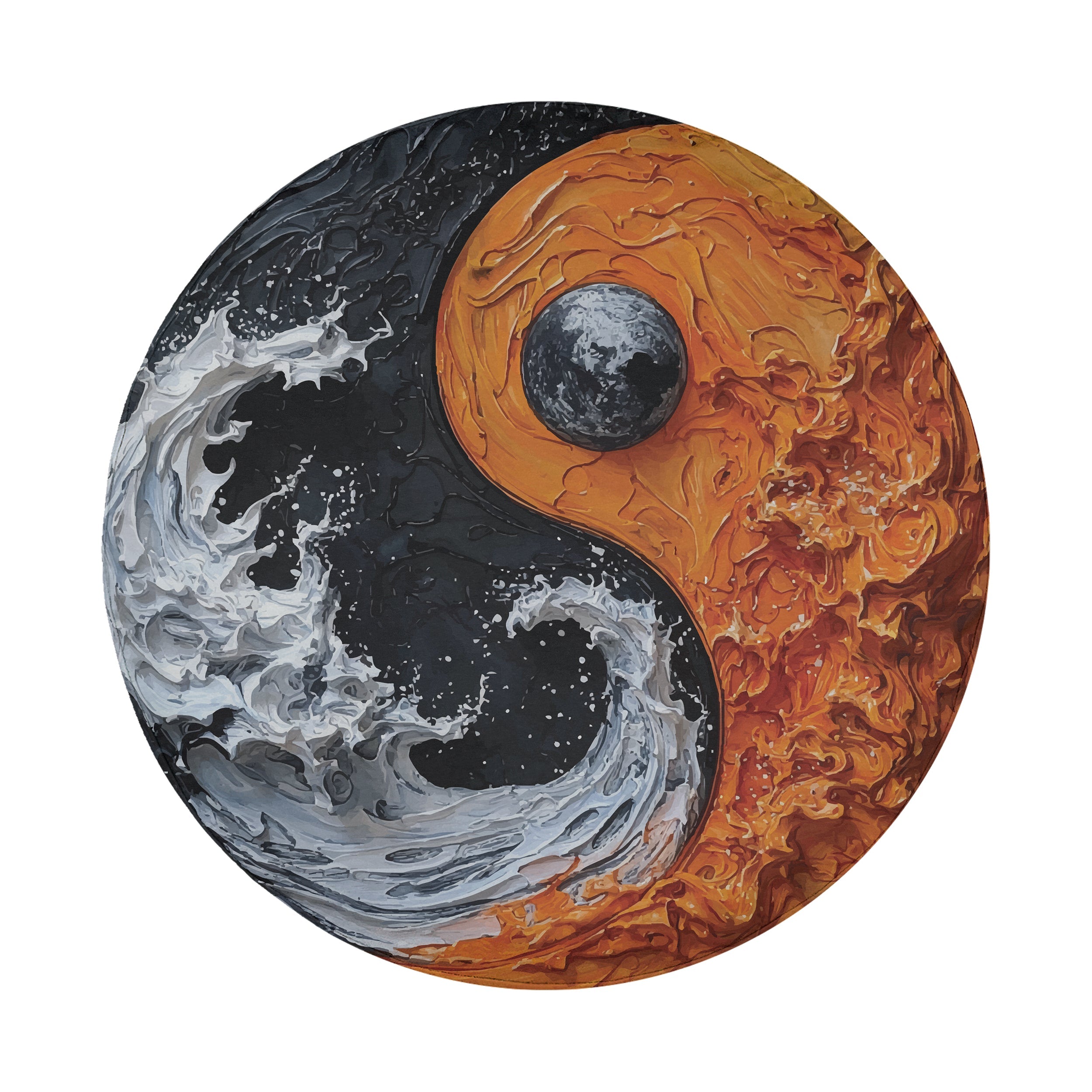 Elemental Balance spare tire cover round design with orange terrain, ocean waves and moon emblem