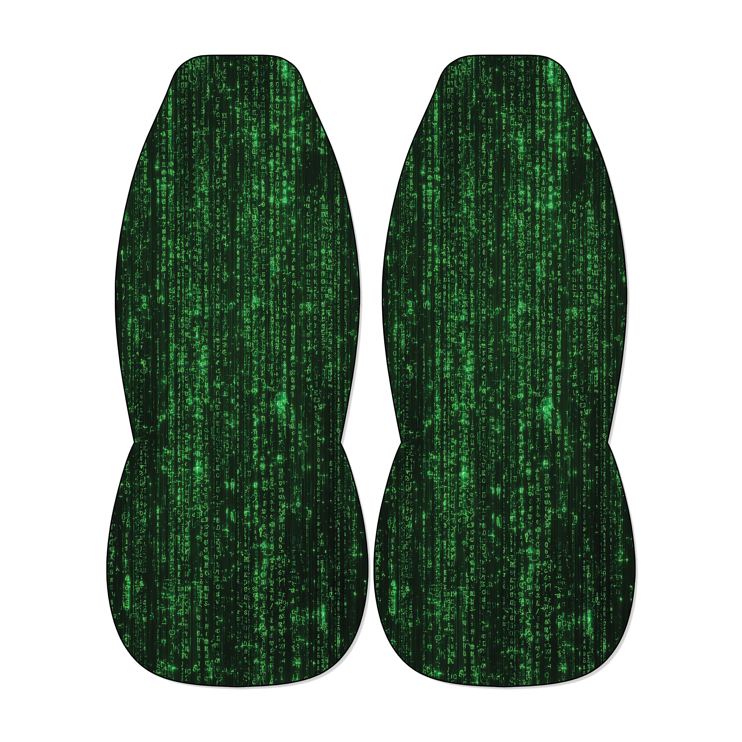two green, abstract-patterned objects with a repeating, grid-like design.
