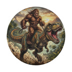 A large, hairy creature resembling a Sasquatch is riding a T-Rex in a jungle setting, with a man on the back of the T-Rex.