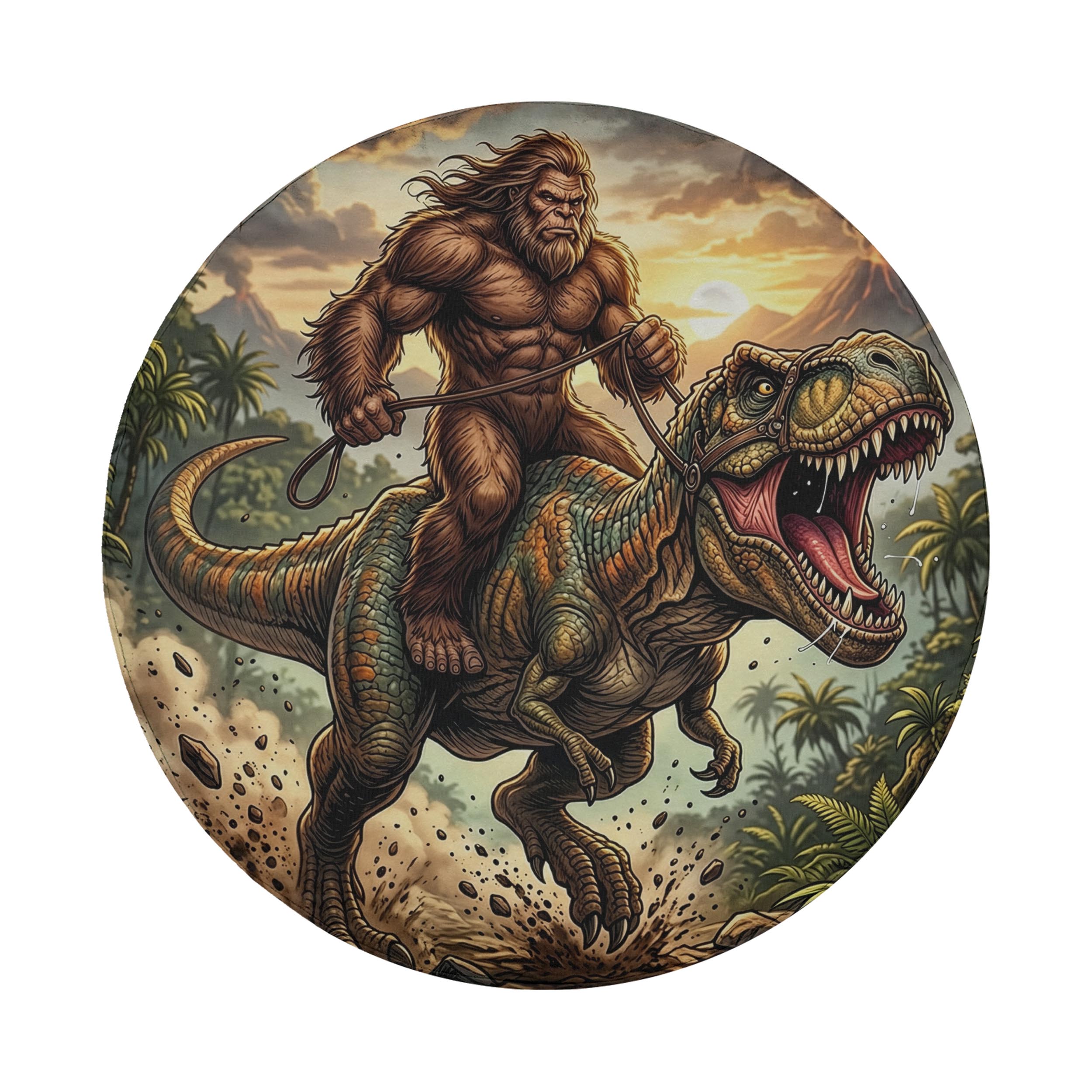 A large, hairy creature resembling a Sasquatch is riding a T-Rex in a jungle setting, with a man on the back of the T-Rex.