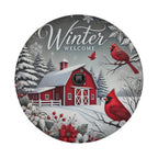 A red barn surrounded by snow and trees, with two red birds perched on branches, and the text "Winter Welcome" written above the barn.