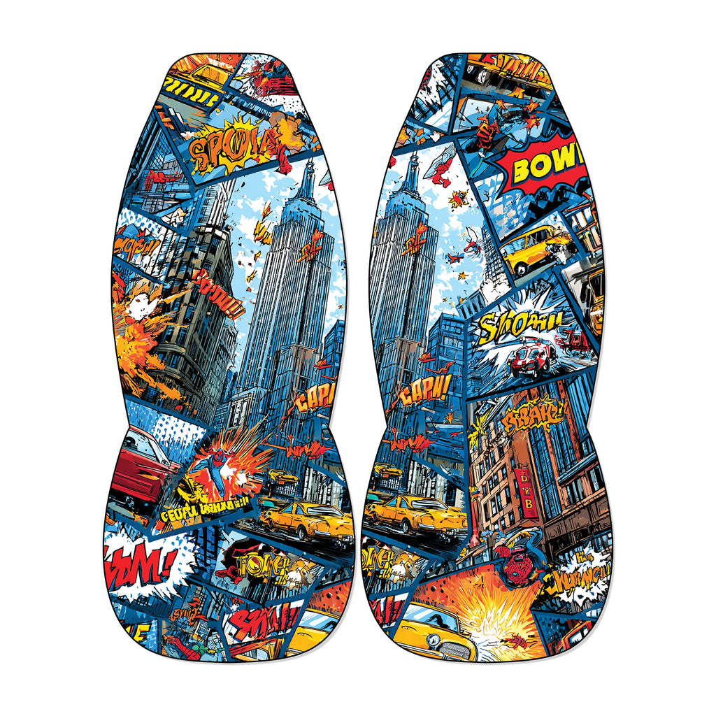The image is a collage of various comic book-style panels featuring a cityscape, cars, and explosions. The panels are filled with vibrant colors, dynamic action, and dynamic speech bubbles, creating a visually striking and engaging collage.
