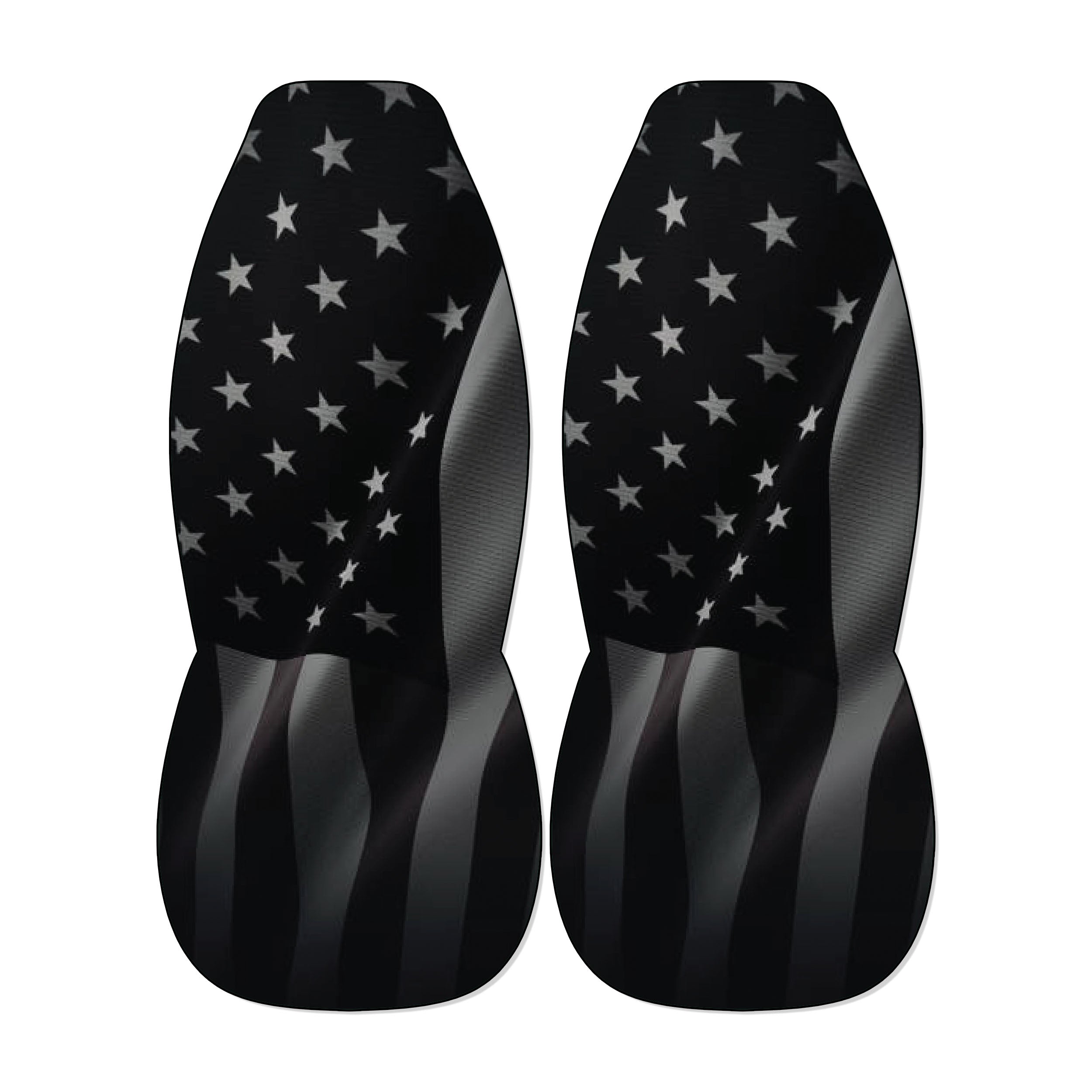 two black car seat covers with a pattern of white stars on a black background.