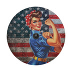 WWII Labor Woman spare tire cover flat detail of Rosie the Riveter flag with camera cutout hole