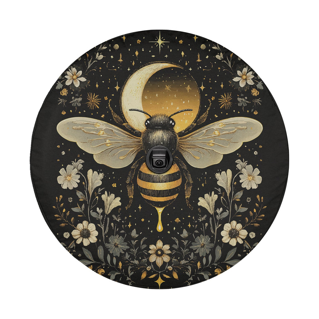 Celestial Buzz bee tire cover flat art with backup camera cutout showing golden moon, stars and floral border
