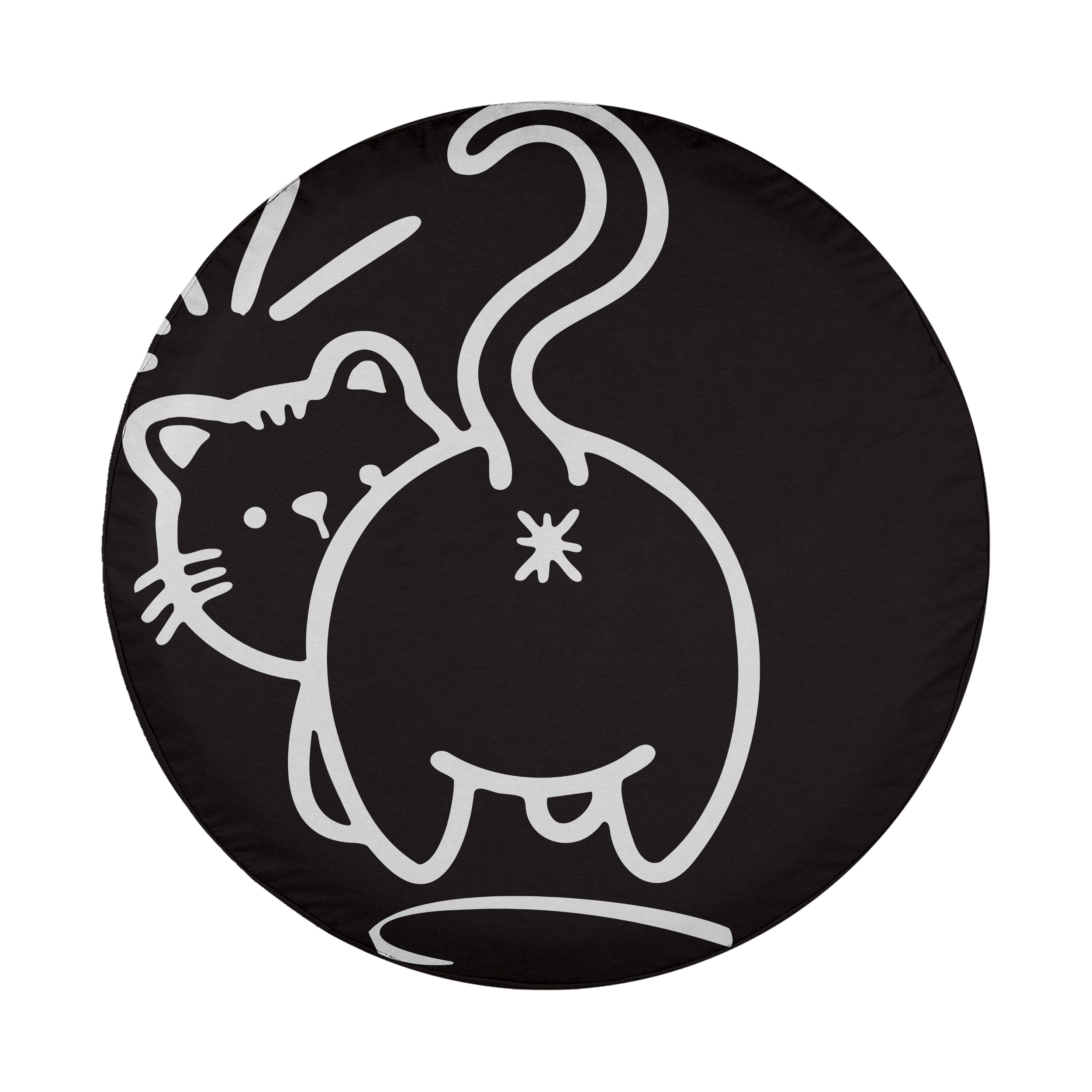 A black and white image depicting a cat with a stylized tail.
