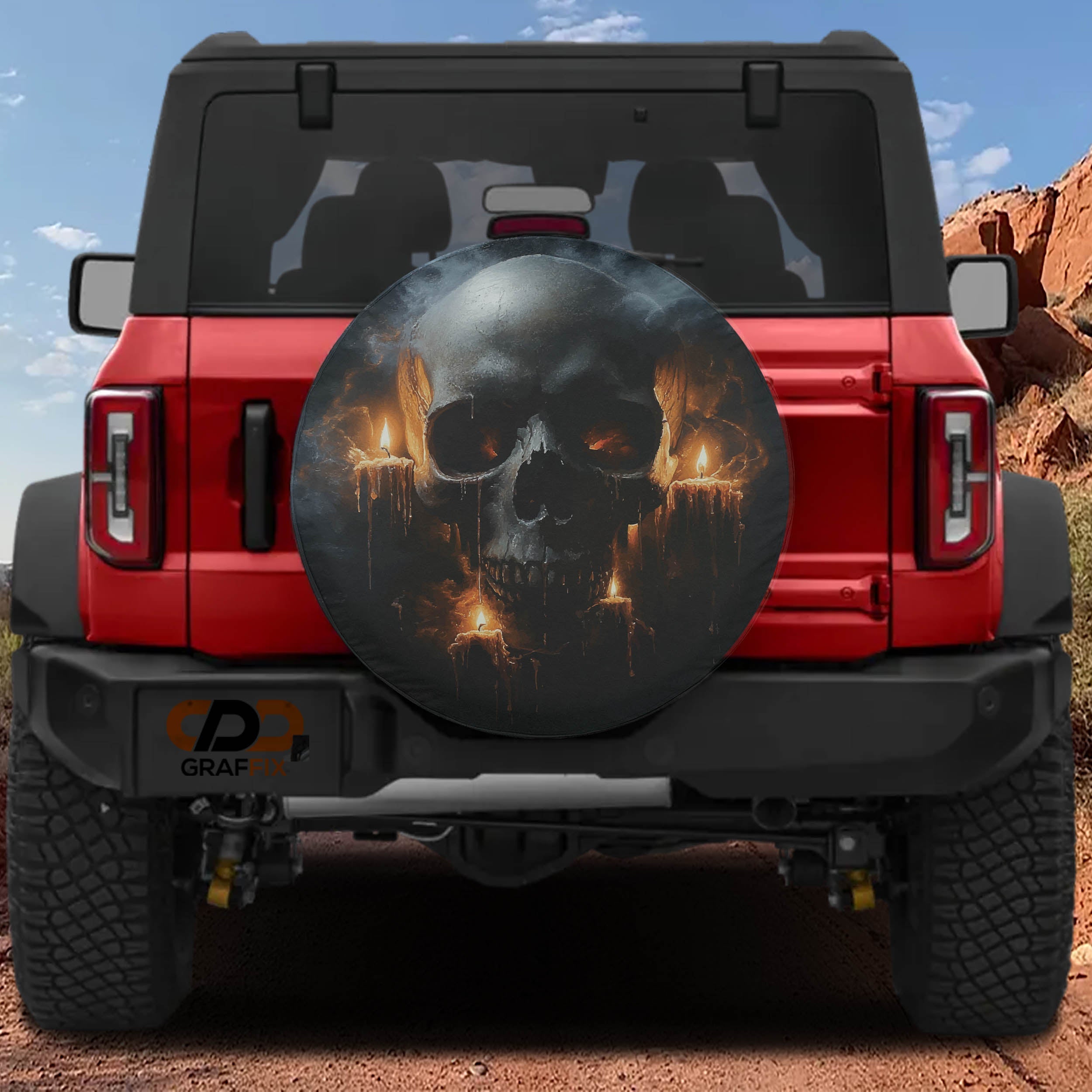 Dark Macabre Skull spare tire cover with dripping wax candles flickering flames and weathered skull art