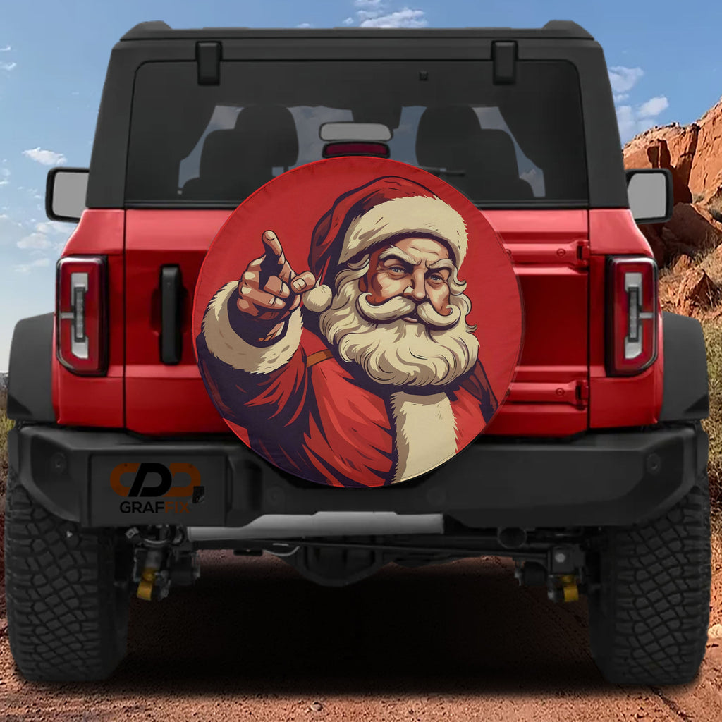 Saint Nicholas vintage Santa pointing finger spare tire cover artwork on bold red holiday background