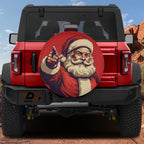 Saint Nicholas vintage Santa pointing finger spare tire cover artwork on bold red holiday background