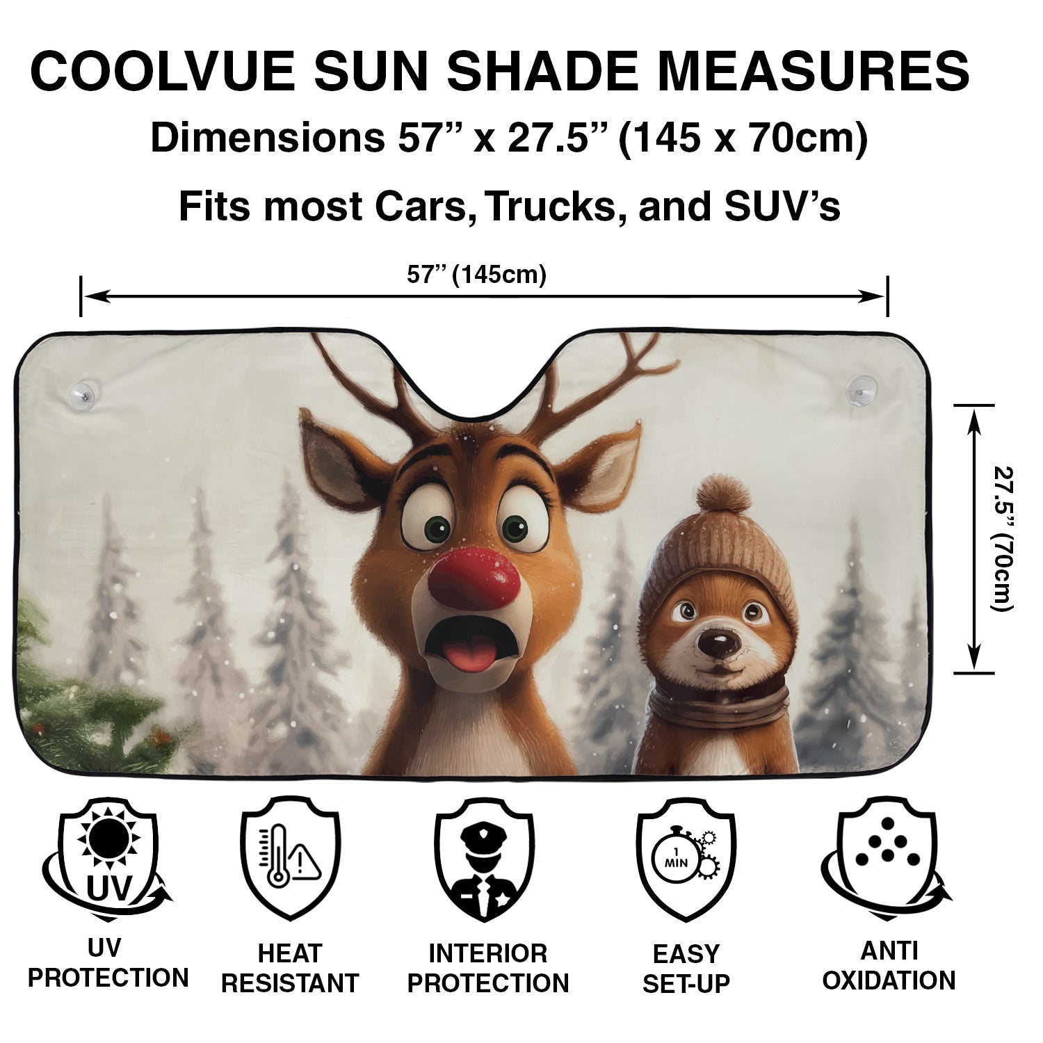Surprised Rudolph reindeer windshield sunshade specs panel with 57 by 27.5 inch size and UV icons