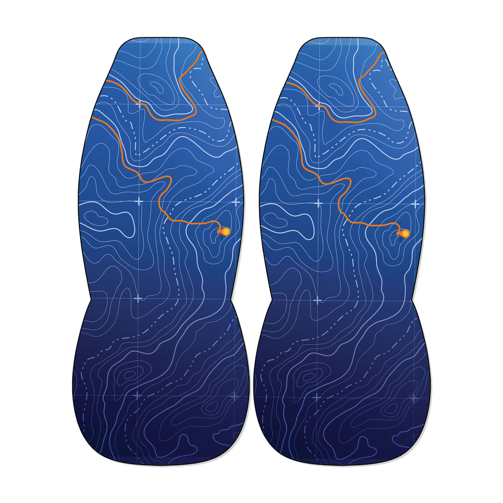 two blue bottles with a wavy pattern and orange lines on them.