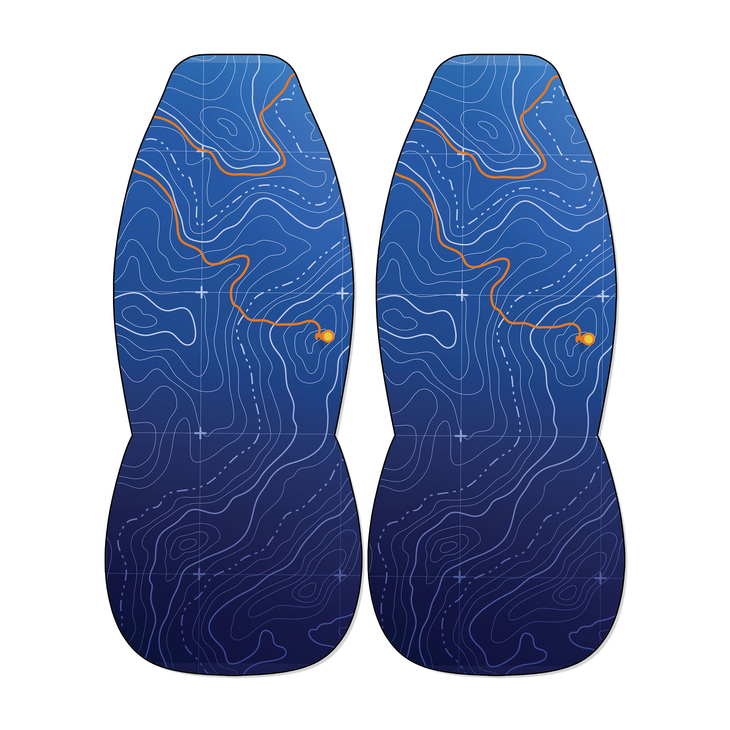 two blue bottles with a wavy pattern and orange lines on them.