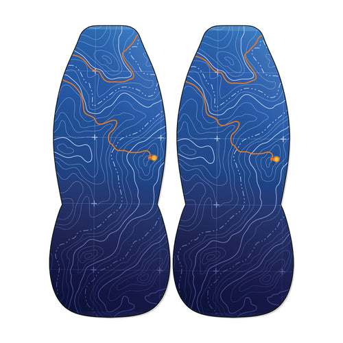 two blue bottles with a wavy pattern and orange lines on them.