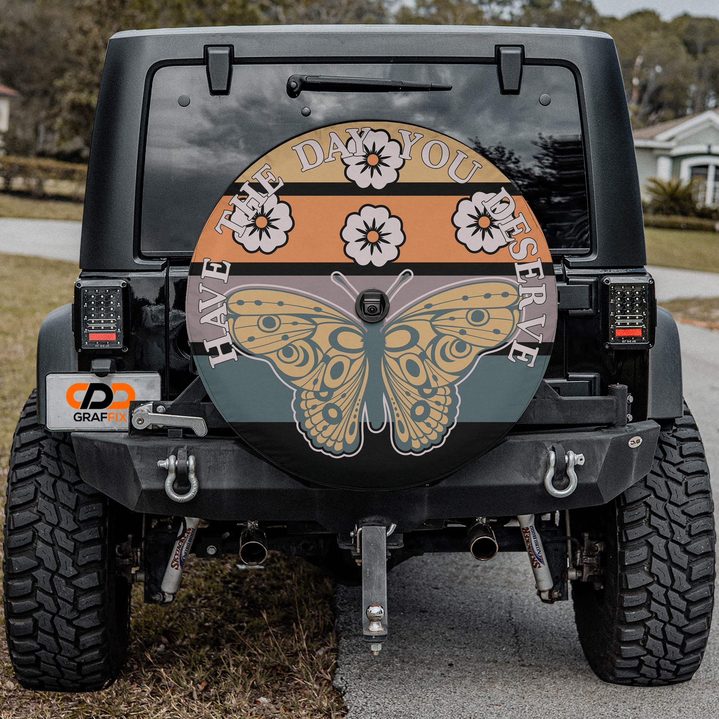 Monarch Have the Day You Deserve spare tire cover rear view with vibrant butterfly skeleton graphic