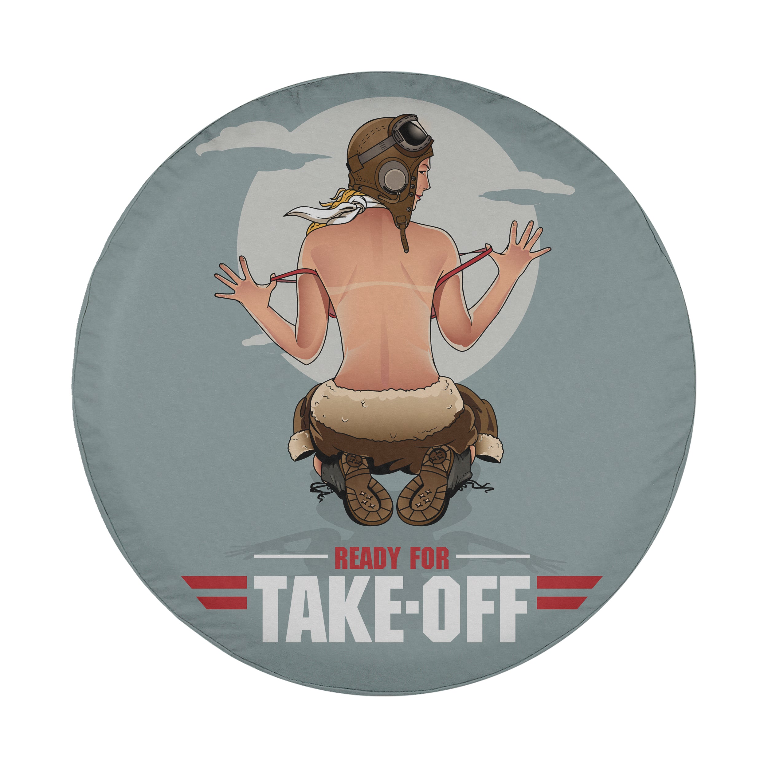 Pin-Up Girl Ready For Take-Off spare tire cover round flat view showing retro pinup artwork