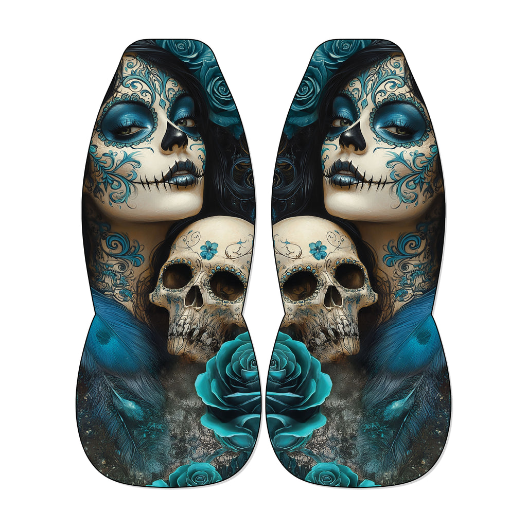 a pair of shoes with a striking design that combines elements of Day of the Dead and floral motifs. The design includes skull motifs, roses, and feathers, creating a visually captivating and intricate pattern.