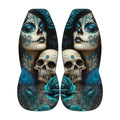 a pair of shoes with a striking design that combines elements of Day of the Dead and floral motifs. The design includes skull motifs, roses, and feathers, creating a visually captivating and intricate pattern.