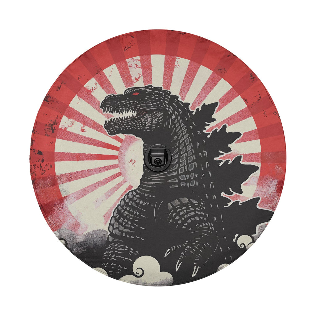 Kaiju Japanese sunburst spare tire cover round detail vintage poster style with red sunrays