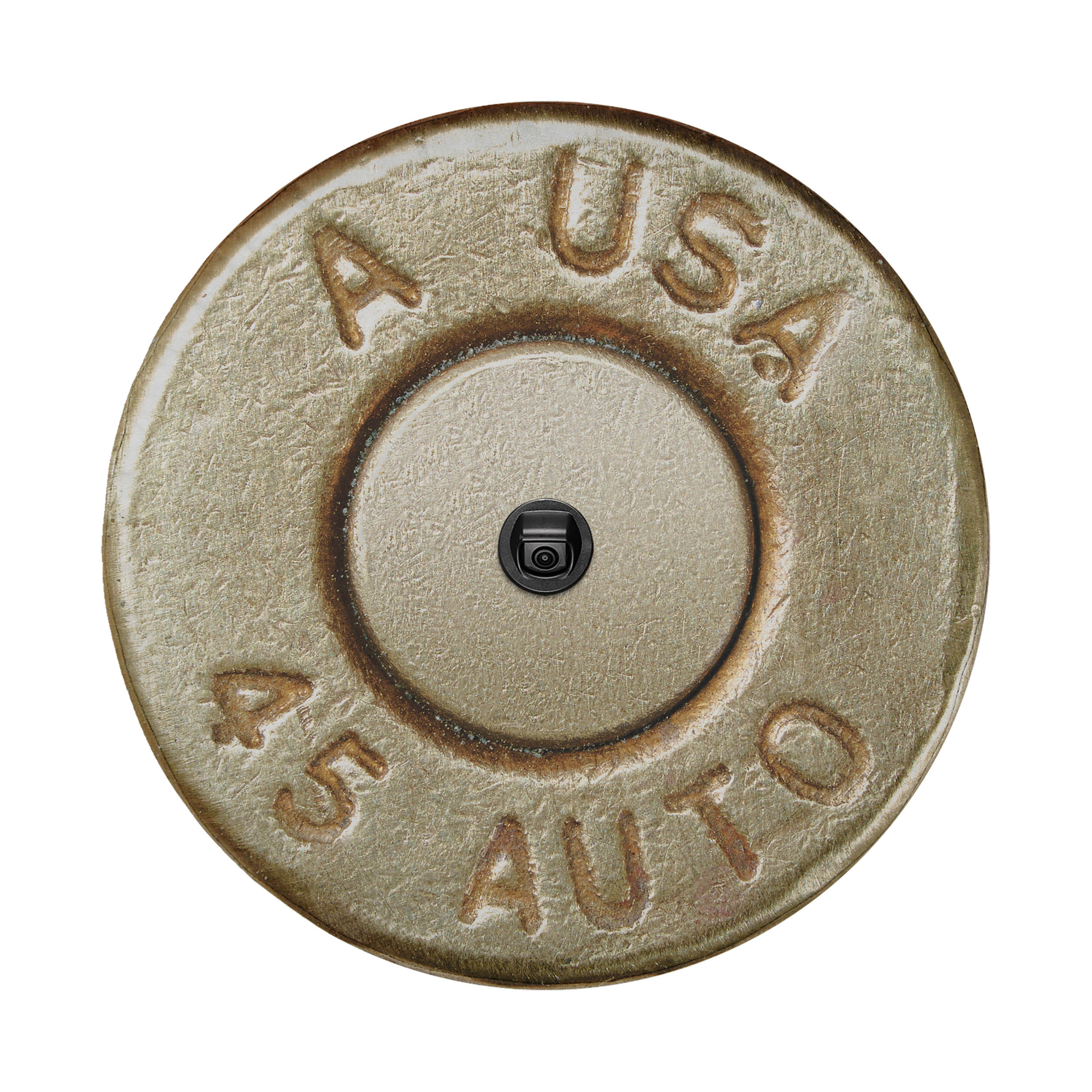 a close-up of a bullet casing with embossed text and a small black object in the center.