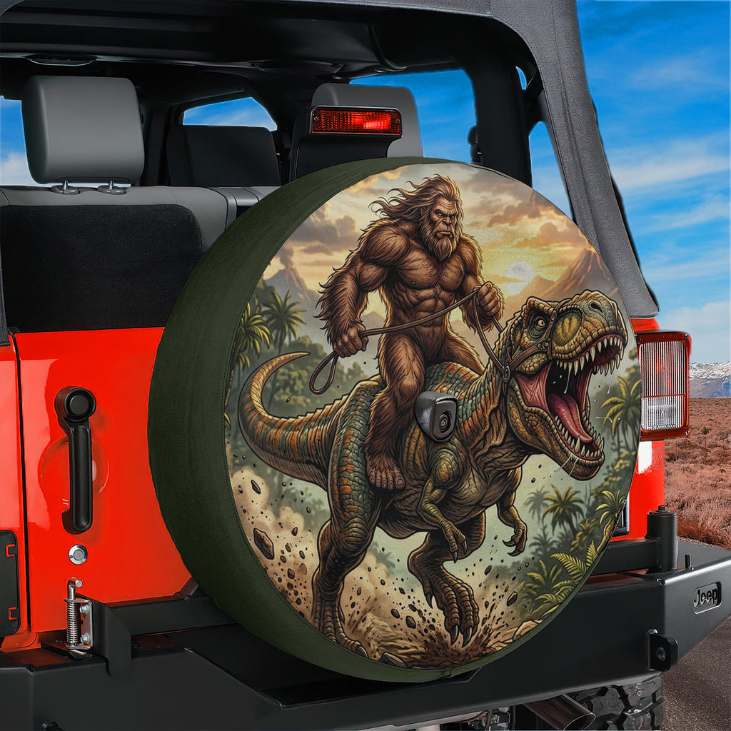 A large, detailed illustration of a Sasquatch riding a T-Rex on a Jeep vehicle.