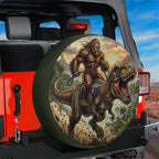 A large, detailed illustration of a Sasquatch riding a T-Rex on a Jeep vehicle.