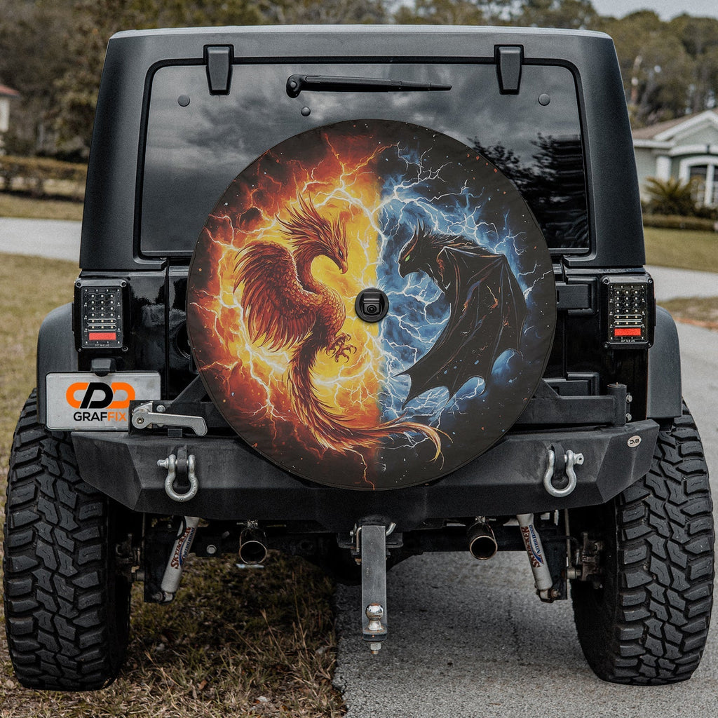Phoenix vs Shadow Dragon spare tire cover on black Jeep Wrangler rear with phoenix versus blue dragon