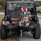 Uncle Sam's Call spare tire cover flat product shot showing iconic Uncle Sam pointing patriotic recruitment art