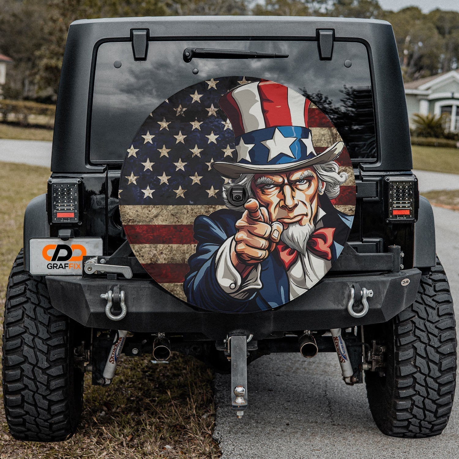Uncle Sam's Call spare tire cover flat product shot showing iconic Uncle Sam pointing patriotic recruitment art