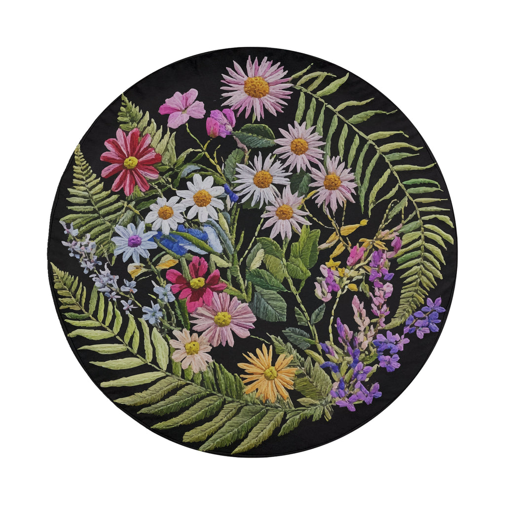 Faux embroidery wildflowers spare tire cover flat-lay floral artwork product view