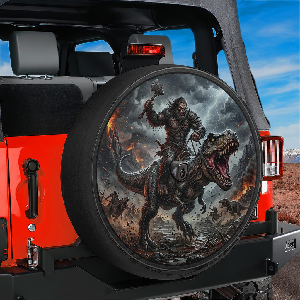 A large, detailed image of a dinosaur on a vehicle, with a person riding on its back. The dinosaur appears to be roaring and charging, while the person is holding a weapon. The scene is set against a backdrop of a desert landscape with mountains in the distance.