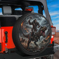 A large, detailed image of a dinosaur on a vehicle, with a person riding on its back. The dinosaur appears to be roaring and charging, while the person is holding a weapon. The scene is set against a backdrop of a desert landscape with mountains in the distance.