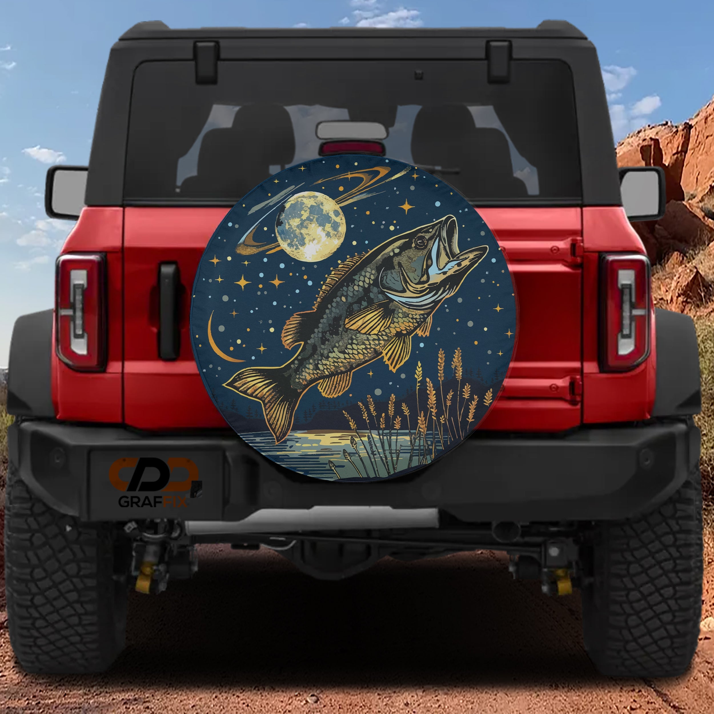 Small mouth bass leaping under full moon spare tire cover on red Bronco with golden fish artwork
